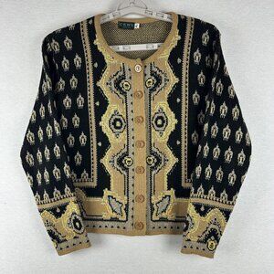 CENY WOMEN'S RUG PRINT ACRYLIC SWEATER LONG SLEEVE BUTTO-UP VINTAGE SIZE S